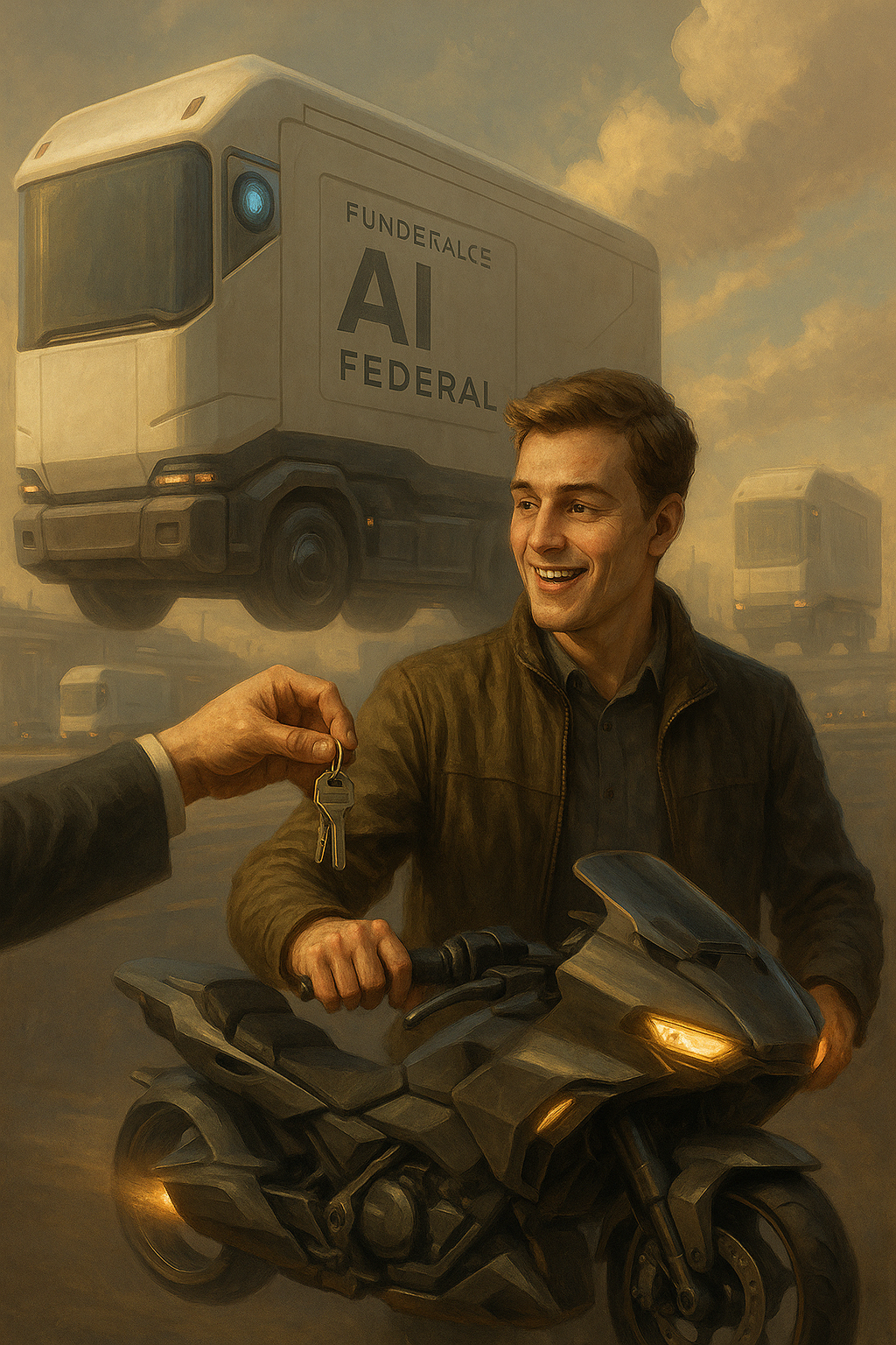 Imagen 1: Un joven recibiendo las llaves de un camión-hogar autónomo y una moto voladora, con un cielo dorado y vehículos futuristas de fondo