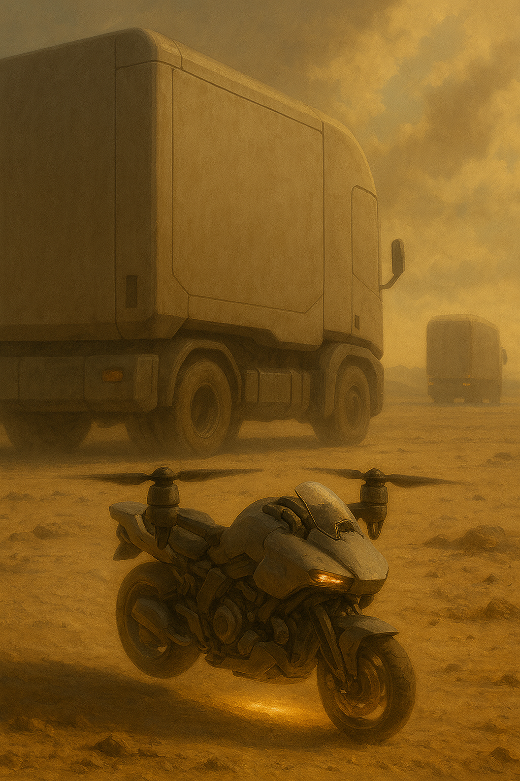 Imagen 2: Moto voladora tipo dron de cuatro hélices, con cabina abierta y tren de aterrizaje flotante, aparcada junto a un camión-hogar en medio del desierto