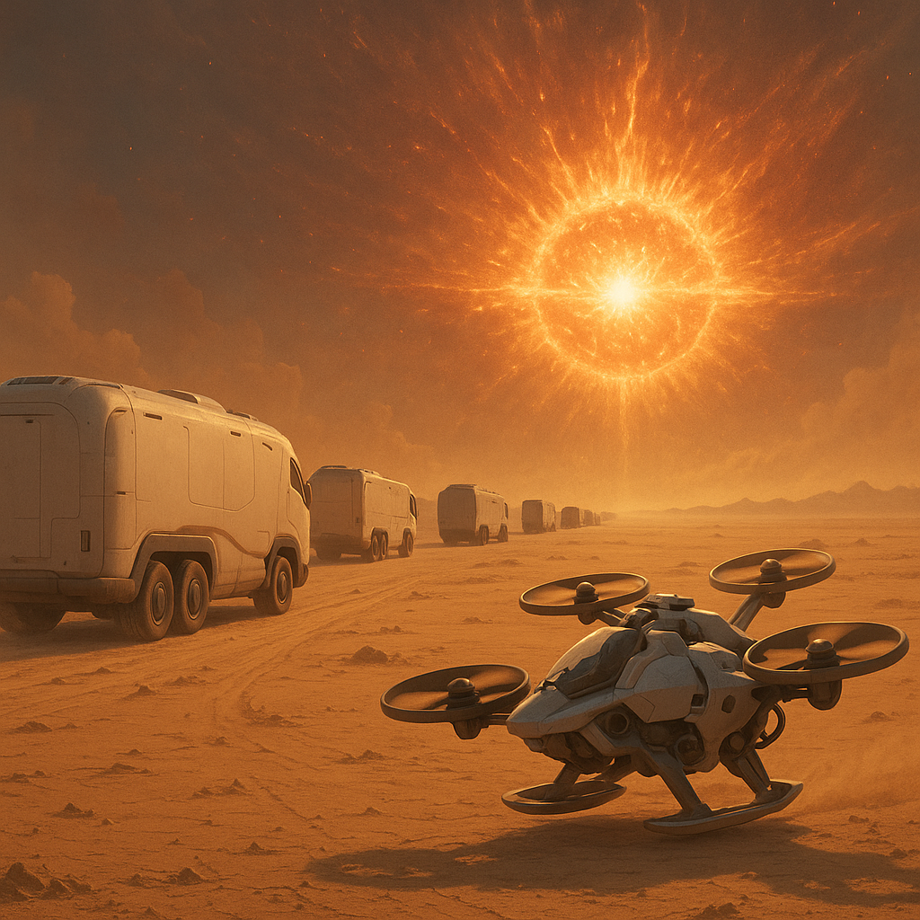 Imagen 3: Convoy de camiones-hogar autopilotados cruzando el desierto al amanecer, con la moto-dron acoplada y un cielo que comienza a arder