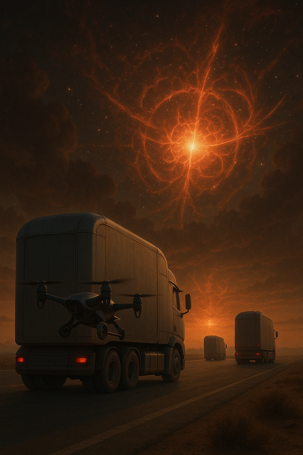 Imagen 4: Los camiones deteniéndose en mitad del desierto mientras un nuevo Big Bang estalla en el cielo, con un fulgor cósmico rojo y líneas de plasma extendiéndose por el firmamento