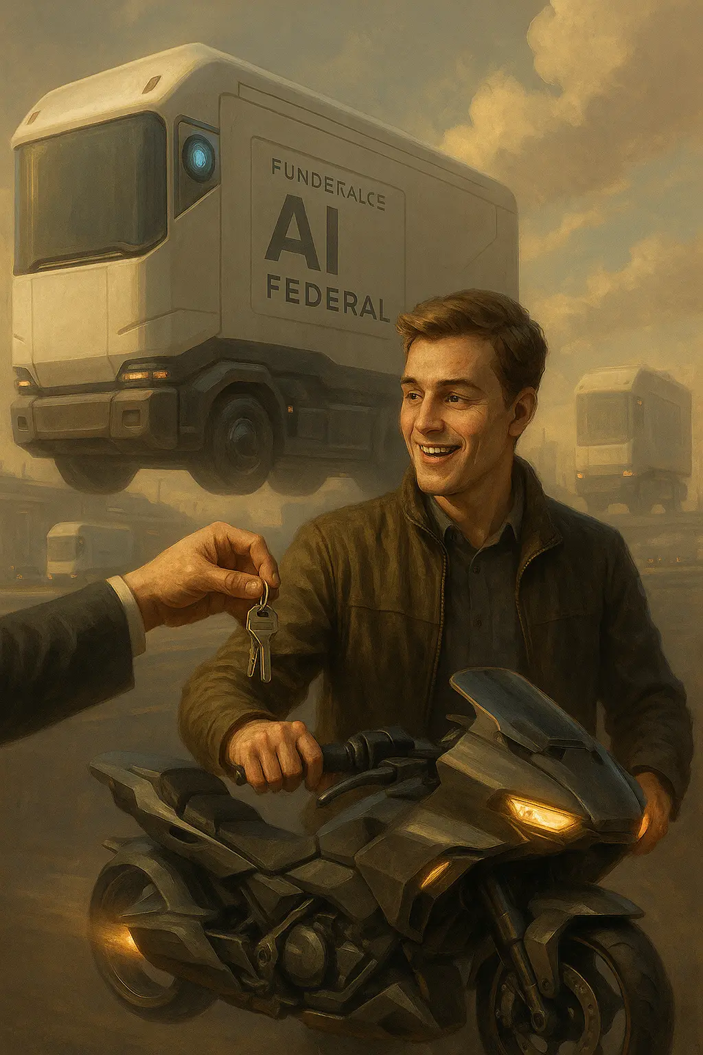 Imagen 1: Un joven recibiendo las llaves de un camión-hogar autónomo y una moto voladora, con un cielo dorado y vehículos futuristas de fondo